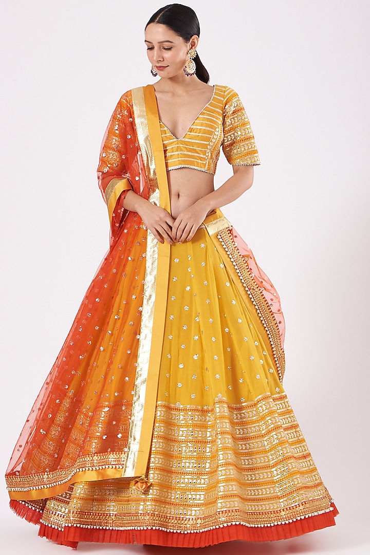 Canary Yellow & Rust Embroidered Flared Wedding Lehenga Set by RANG by Manjula Soni at Pernia's Pop Up Shop