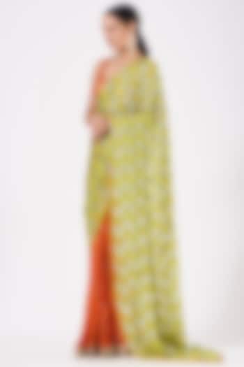 Lime & Orange Georgette Sequins Chevron Embroidered Pre-Pleated Saree Set by RANG by Manjula Soni