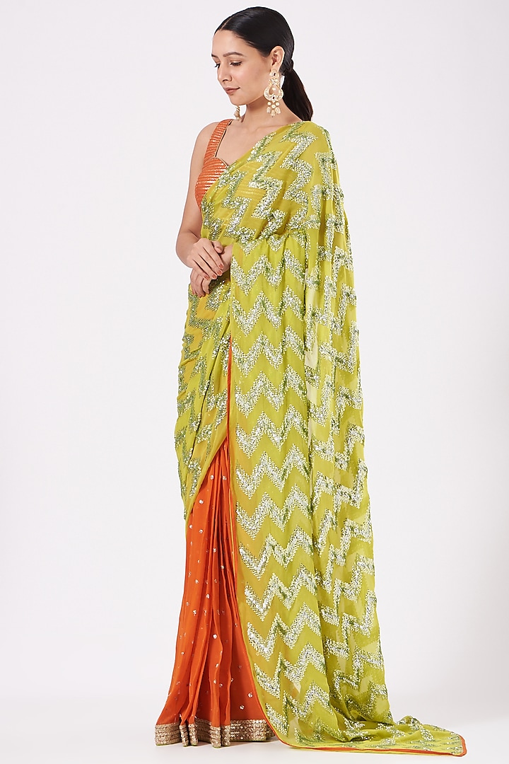 Lime & Orange Georgette Sequins Chevron Embroidered Pre-Pleated Saree Set by RANG by Manjula Soni