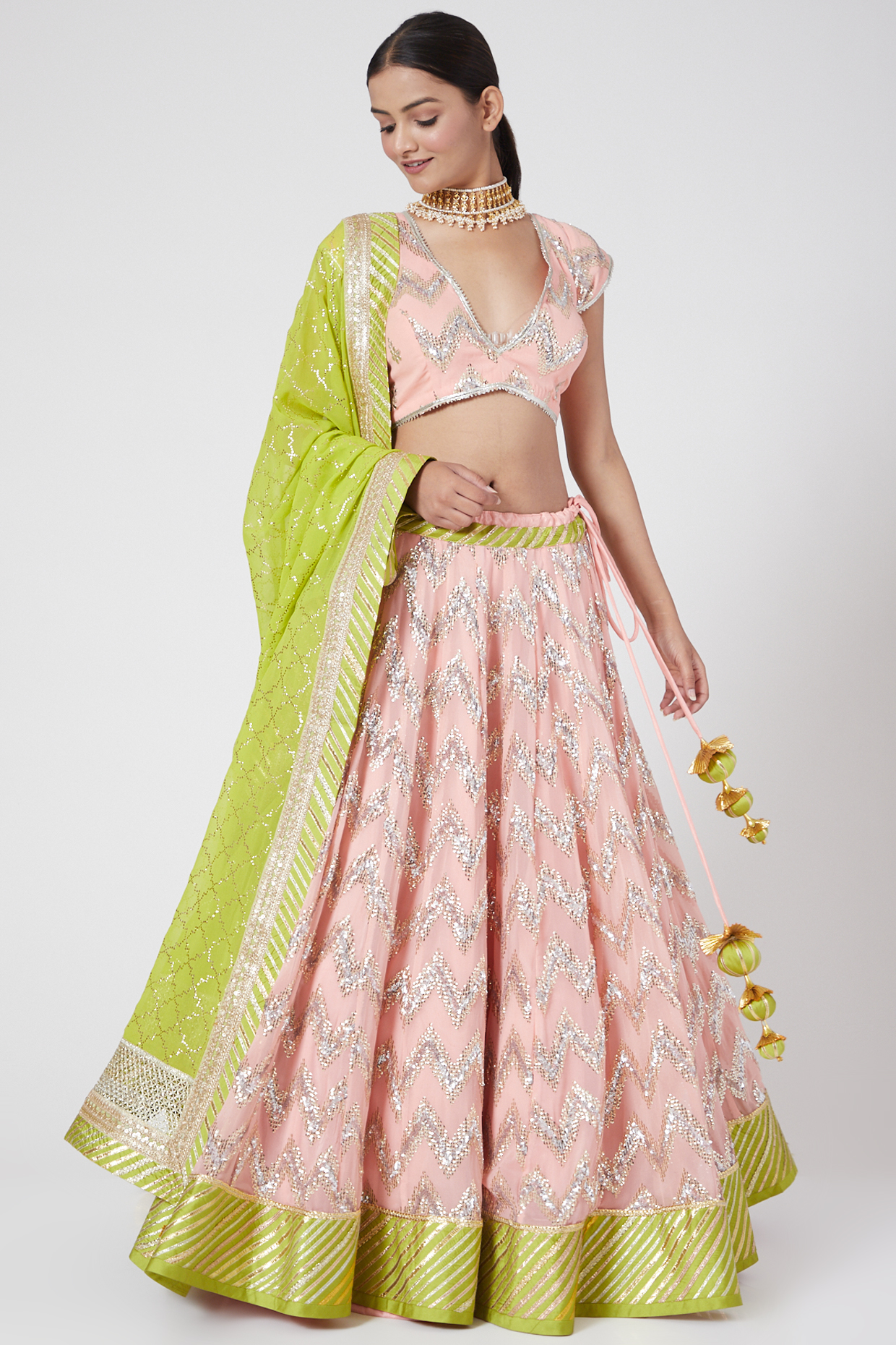 Peach & Green Embroidered Lehenga Set by RANG by Manjula Soni