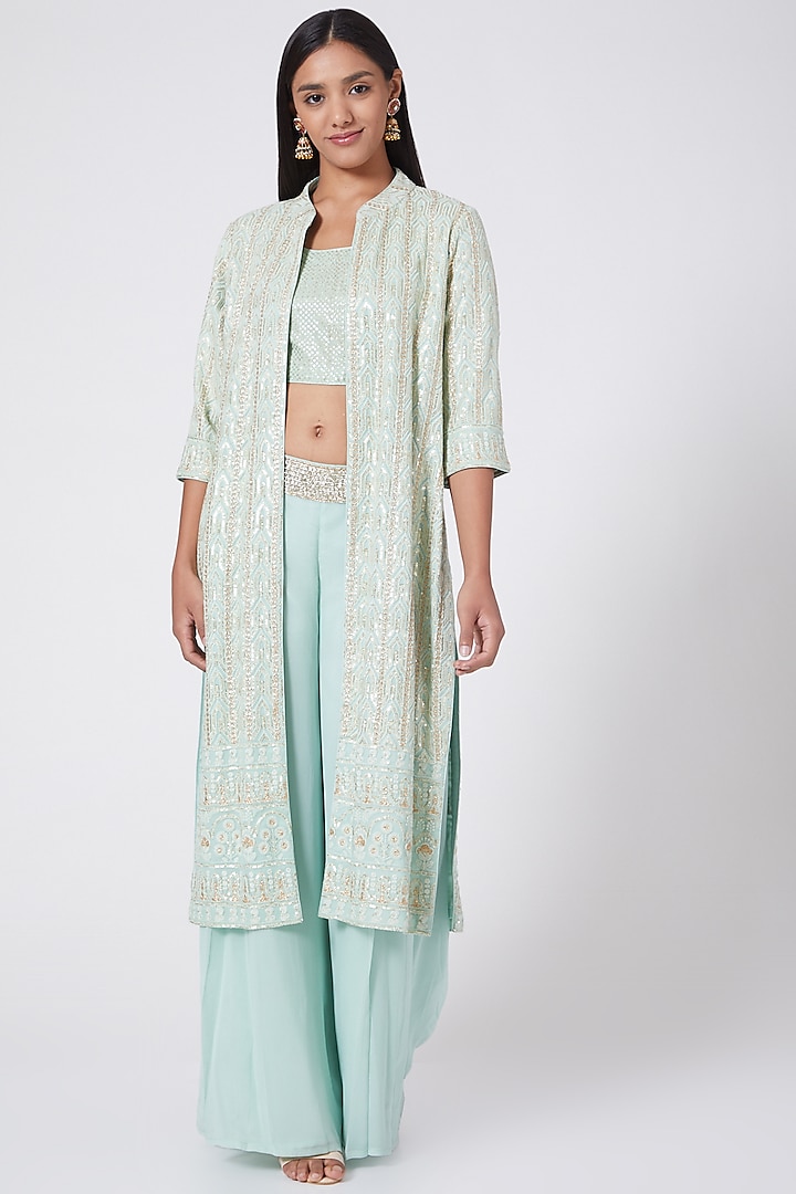 Turquoise Embroidered Jacket Set by RANG by Manjula Soni