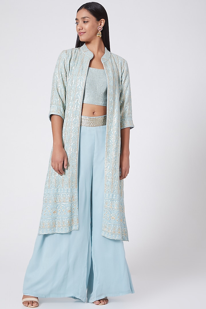 Ice Blue Embroidered Jacket Set by RANG by Manjula Soni