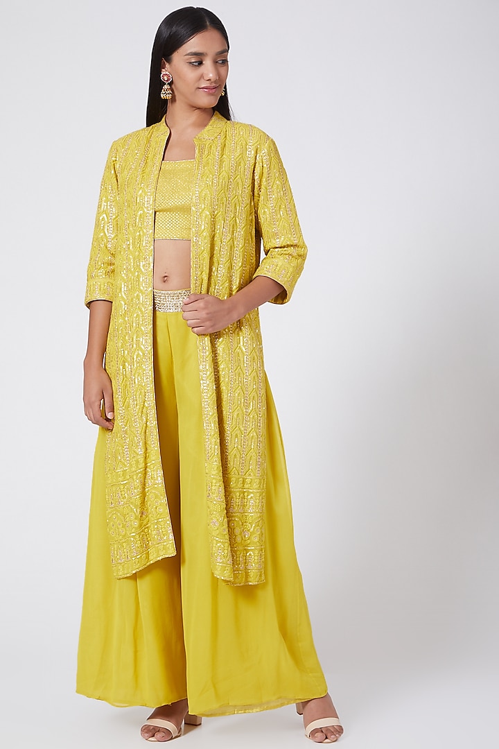 Lime Yellow Embroidered Jacket Set by RANG by Manjula Soni