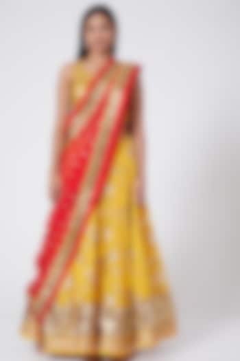 Mustard Yellow Embroidered Kalidar Lehenga Set by RANG by Manjula Soni