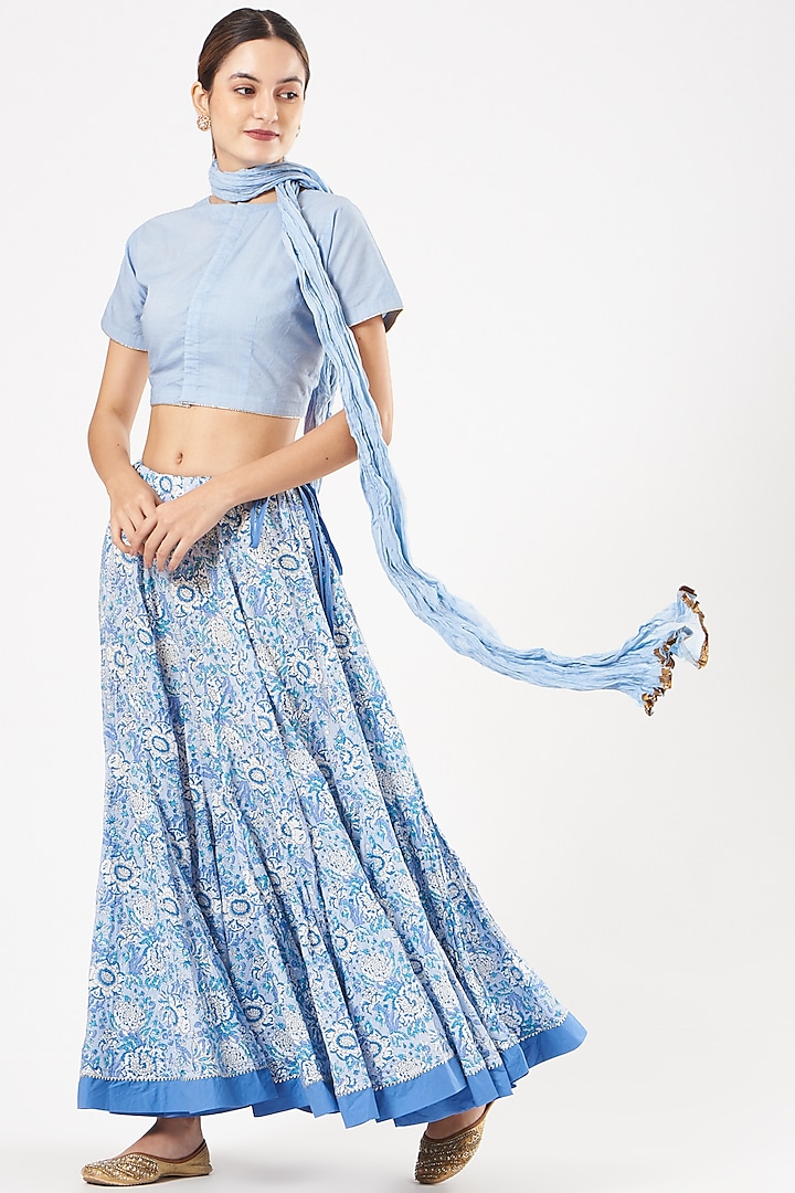 Ice Blue Mulmul Cotton Skirt Set by Rang By Manjula Soni