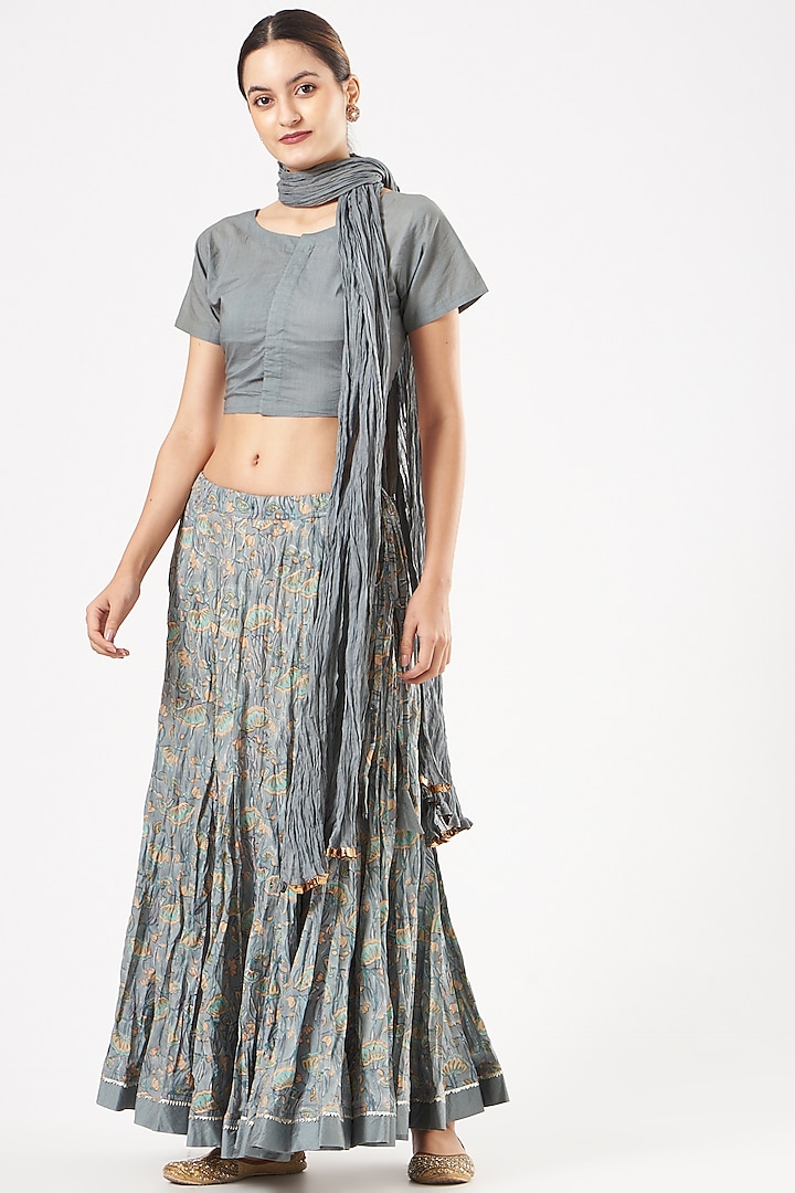 Silver Grey Mulmul Cotton Skirt Set by Rang By Manjula Soni