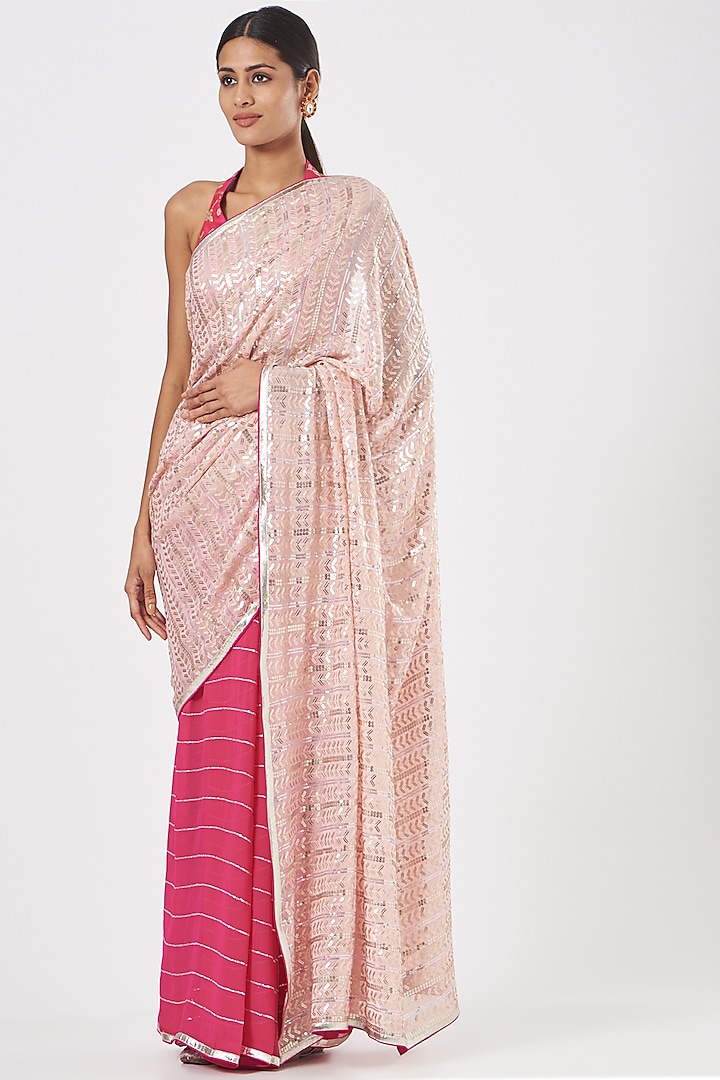 Magenta & Baby Peach Embroidered Pre-Pleated Draped Saree Set by RANG by Manjula Soni