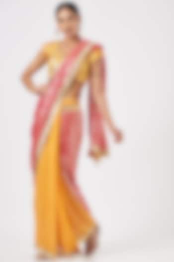 Citrus Yellow & Rose Pink Embroidered Pre-Pleated Saree Set by RANG by Manjula Soni