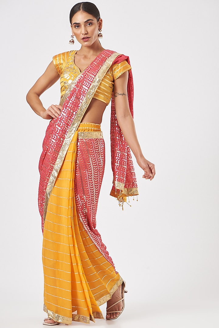 Citrus Yellow & Rose Pink Embroidered Pre-Pleated Saree Set by RANG by Manjula Soni