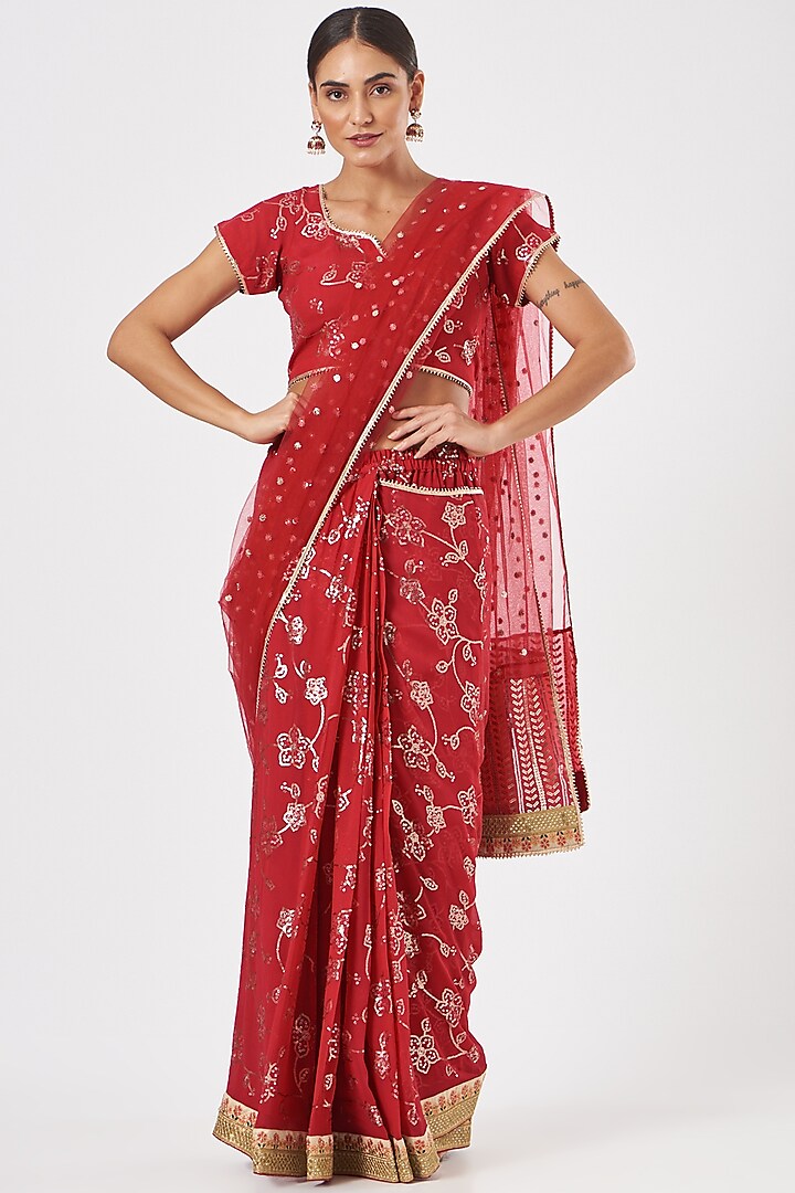 Magenta Embroidered Pre-Pleated Saree Set by RANG by Manjula Soni