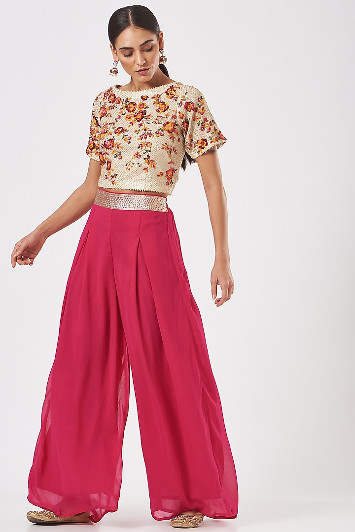 Cream Embroidered Crop Top by RANG by Manjula Soni