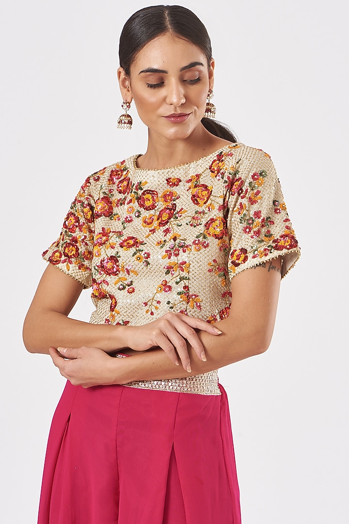 Cream Embroidered Crop Top by RANG by Manjula Soni at Pernia's Pop Up Shop
