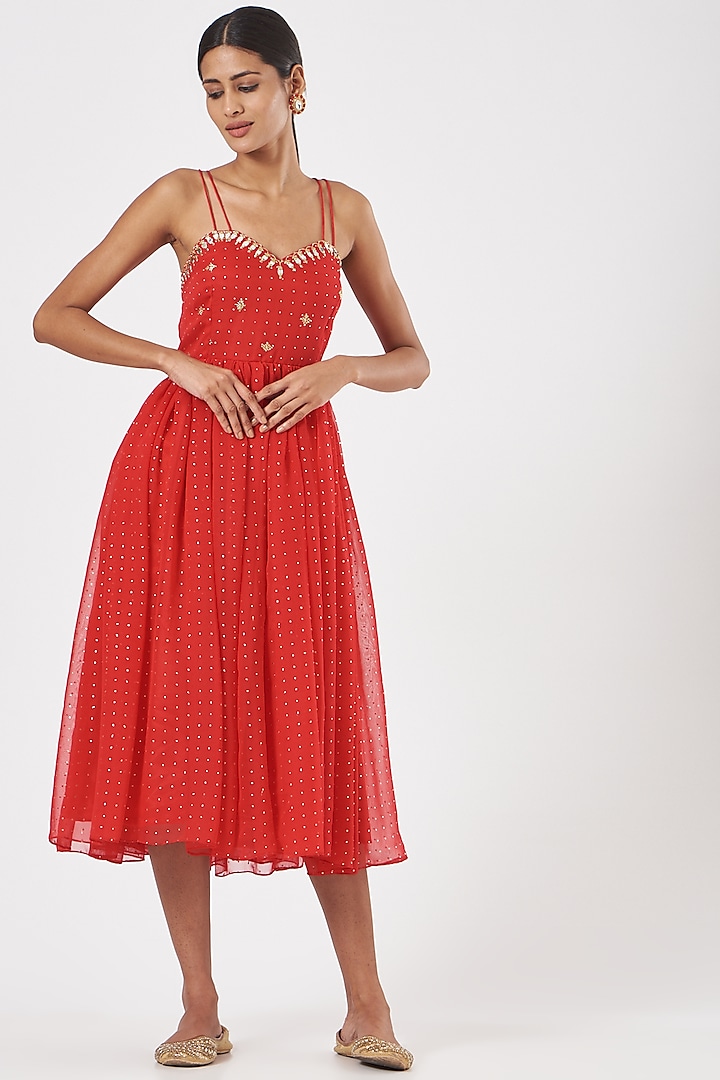 Coral Red Embroidered Gathered High-Low Strappy Dress by RANG by Manjula Soni