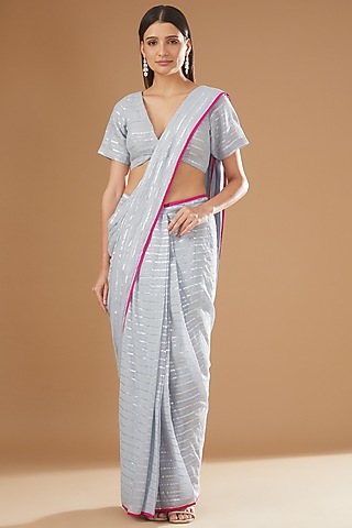 Dove Blue Pure Mul Cotton Printed Pre-Pleated Saree Set by Rang By Manjula Soni