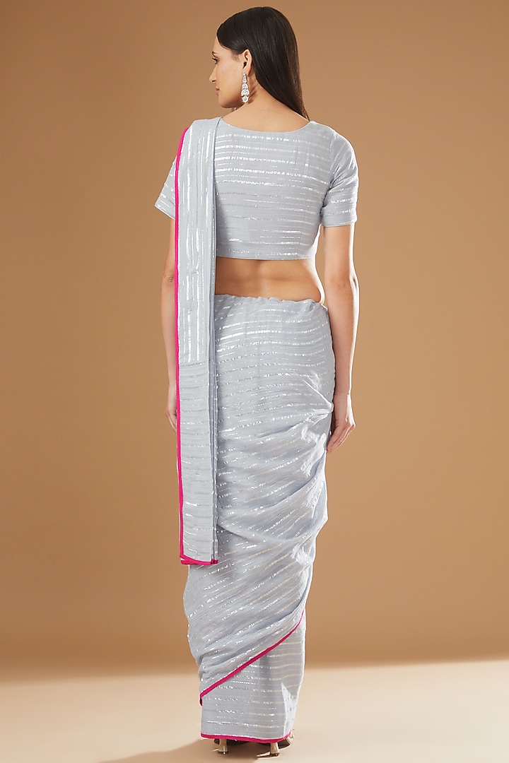 Dove Blue Pure Mul Cotton Printed Pre-Pleated Party Wear Saree Set by Rang By Manjula Soni at Pernia's Pop Up Shop