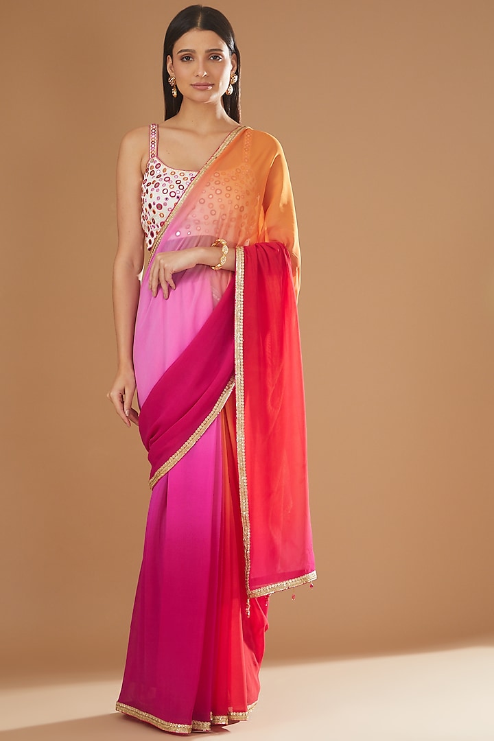 Multi-Colored Georgette Embroidered Pre-Pleated Saree Set by Rang By Manjula Soni