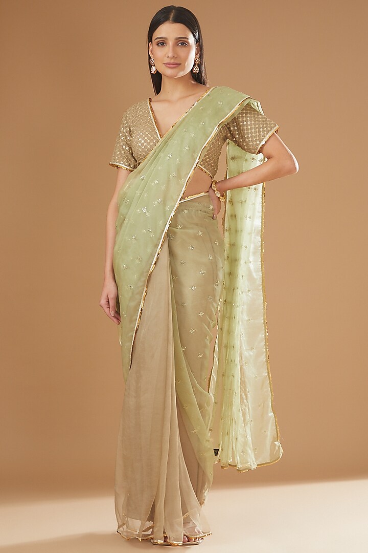 Light Green Viscose Organza Embroidered Pre-Pleated Saree Set by Rang By Manjula Soni