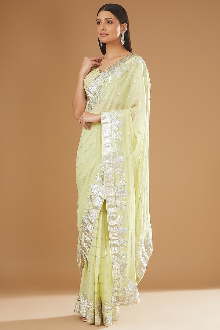 Lime Green Georgette Embroidered Pre-Pleated Saree Set by Rang By Manjula Soni