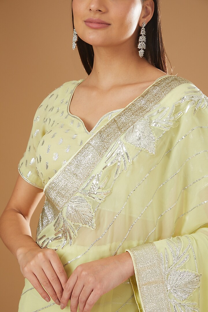 Lime Green Georgette Embroidered Pre-Pleated Party Wear Saree Set by Rang By Manjula Soni at Pernia's Pop Up Shop