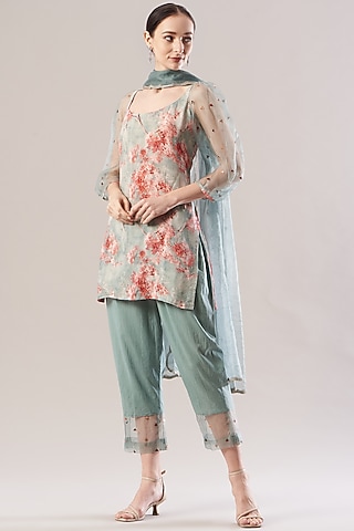 Dove Grey & Coral Red Printed Tunic Set by RANG by Manjula Soni
