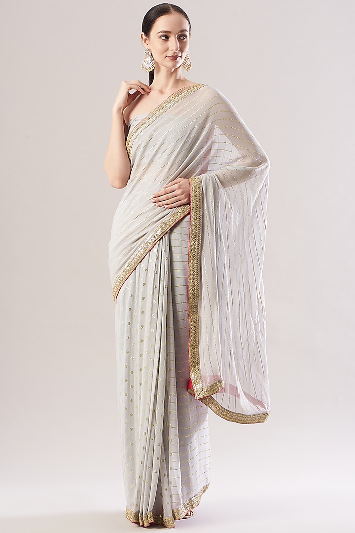 Dove Grey Printed Pre-Pleated Saree Set by RANG by Manjula Soni