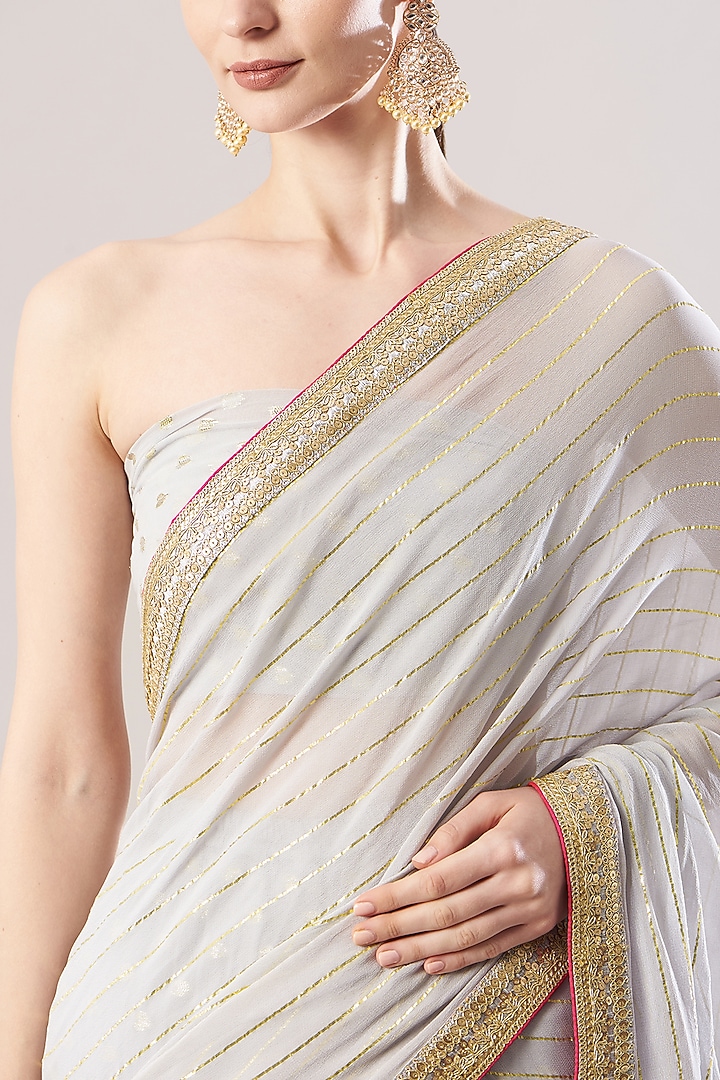 Dove Grey Printed Pre-Pleated Party Wear Saree Set by RANG by Manjula Soni at Pernia's Pop Up Shop