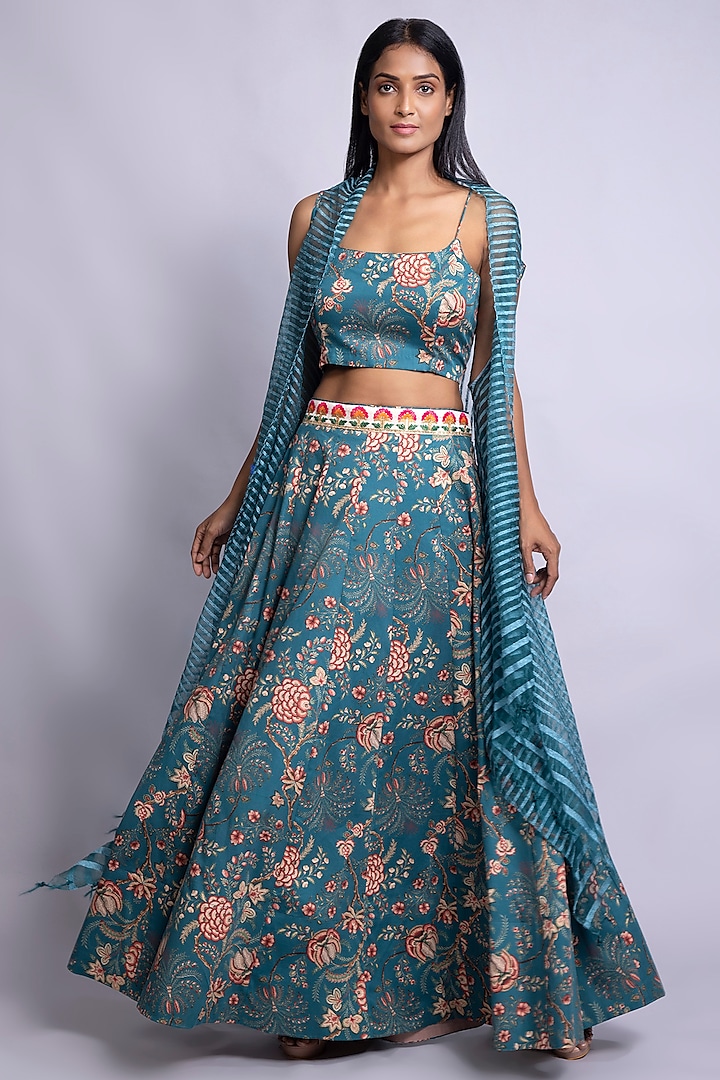 Turquoise Printed Skirt Set by Rang By Manjula Soni