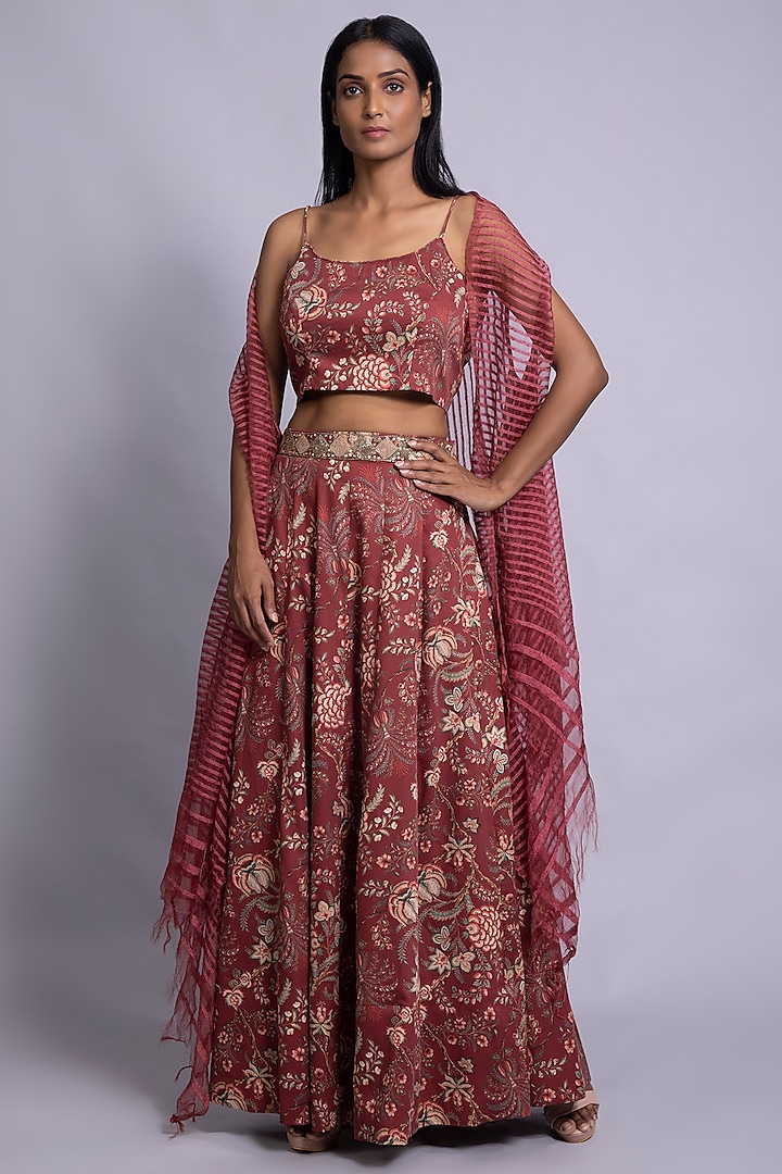 Maroon Printed Skirt Set by Rang By Manjula Soni