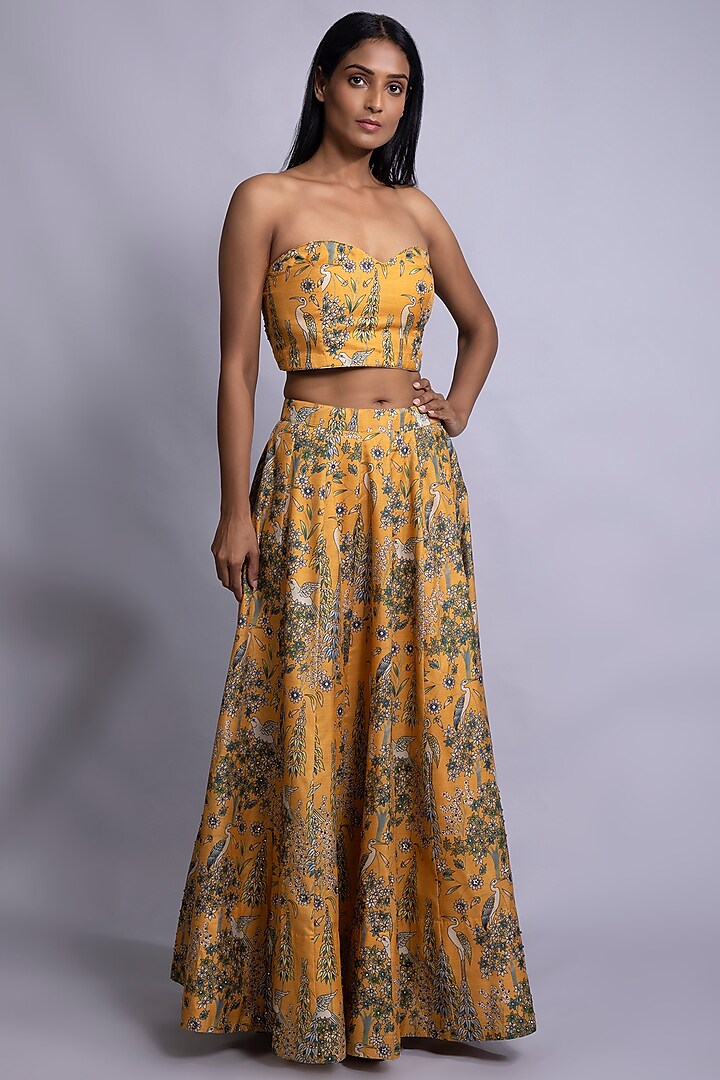 Mustard Yellow Printed & Embroidered Skirt Set by Rang By Manjula Soni