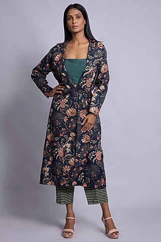Prussian Blue Printed Jacket Set by Rang By Manjula Soni