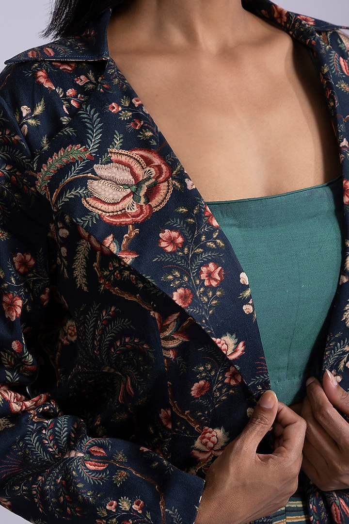 Prussian Blue Printed Jacket Set by Rang By Manjula Soni at Pernia's Pop Up Shop