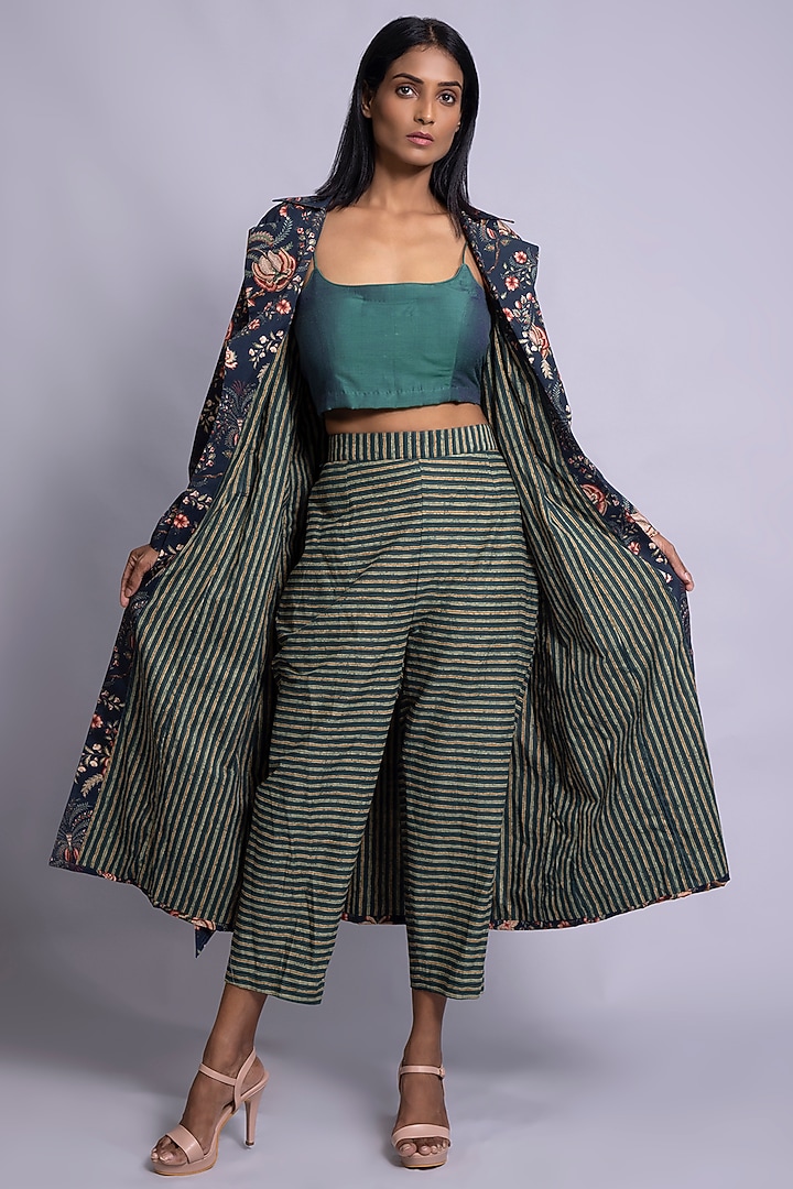 Prussian Blue Printed Jacket Set by Rang By Manjula Soni at Pernia's Pop Up Shop