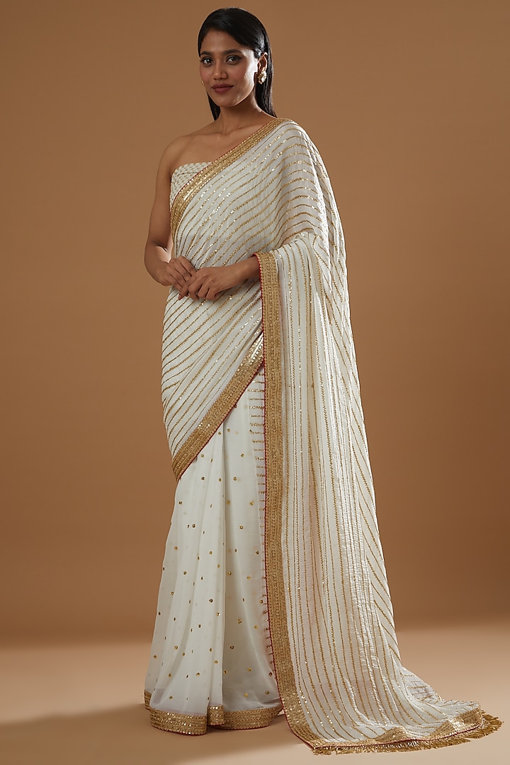 White & Gold Georgette Sequins Striped Saree Set by RANG by Manjula Soni