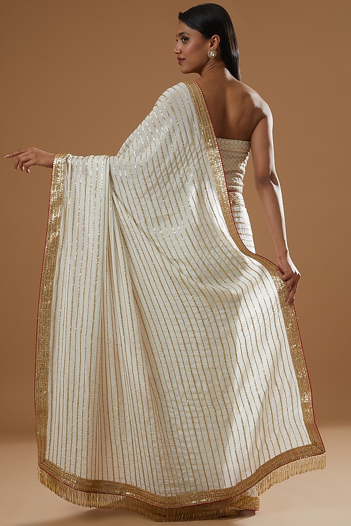 White & Gold Georgette Sequins Striped Wedding Saree Set by RANG by Manjula Soni at Pernia's Pop Up Shop