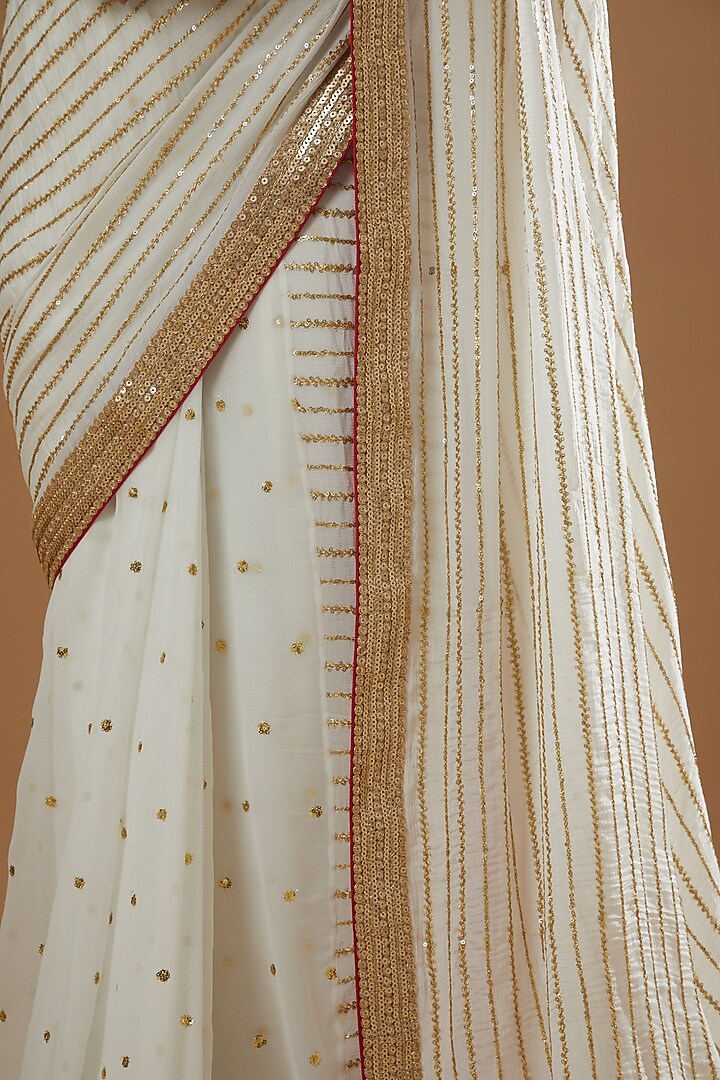 White & Gold Georgette Sequins Striped Wedding Saree Set by RANG by Manjula Soni at Pernia's Pop Up Shop