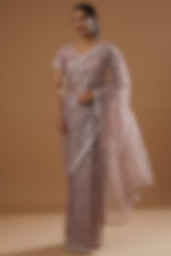 Mauve Tulle Sequins & Mirror Embroidered Pre-Pleated Saree Set by RANG by Manjula Soni