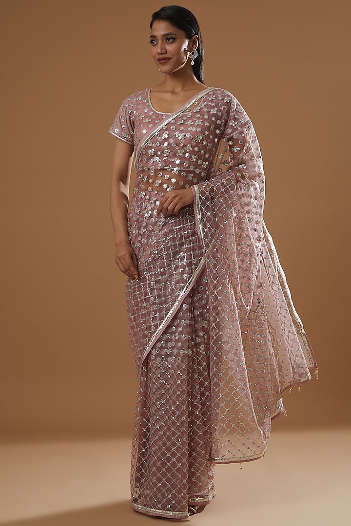 Mauve Sequinned Pre-Pleated Saree Set by RANG by Manjula Soni