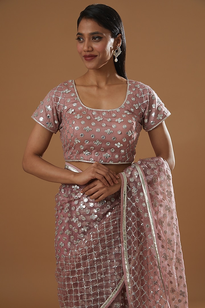 Mauve Tulle Sequins & Mirror Embroidered Pre-Pleated Wedding Saree Set by RANG by Manjula Soni at Pernia's Pop Up Shop