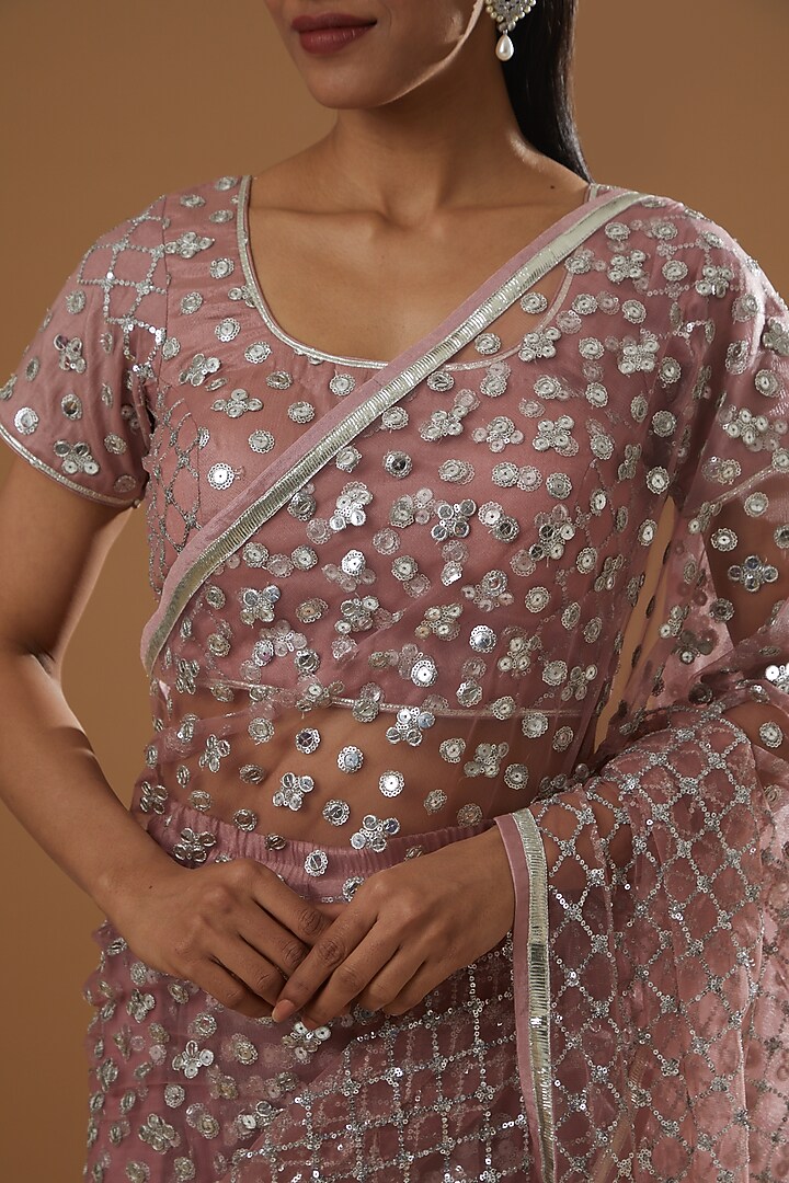 Mauve Tulle Sequins & Mirror Embroidered Pre-Pleated Wedding Saree Set by RANG by Manjula Soni at Pernia's Pop Up Shop