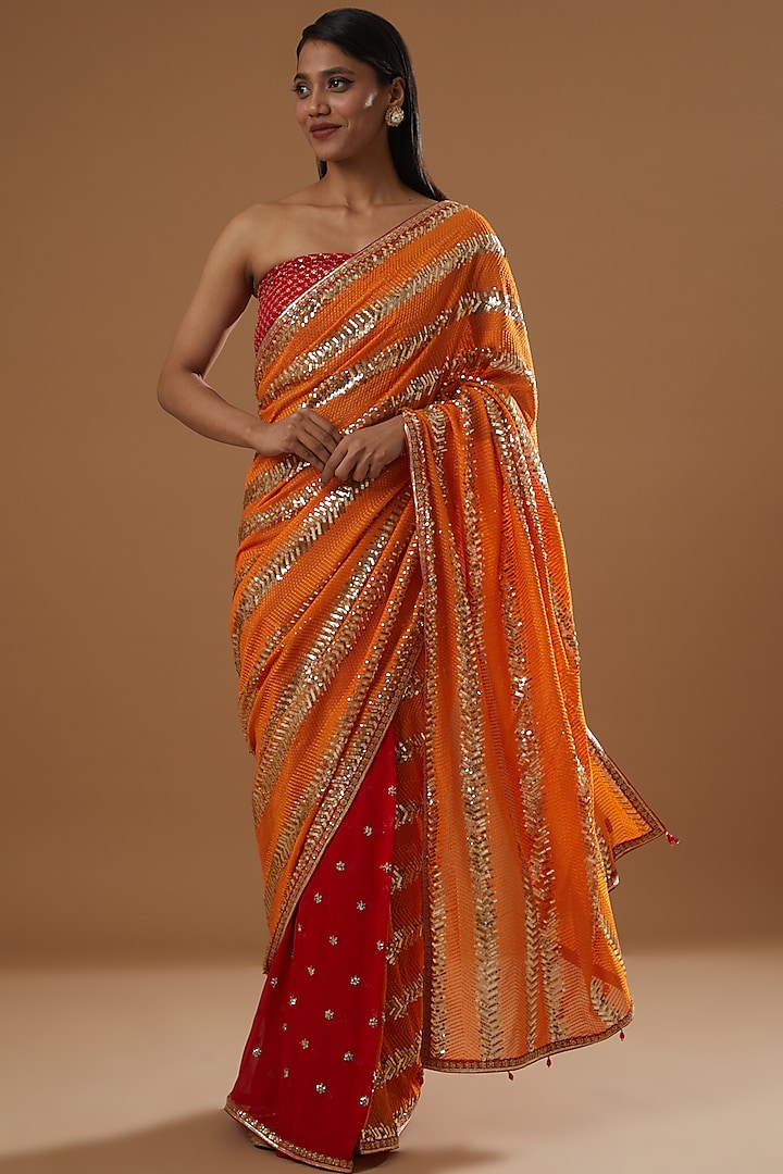 Orange Sequinned Pre-Pleated Saree Set by RANG by Manjula Soni