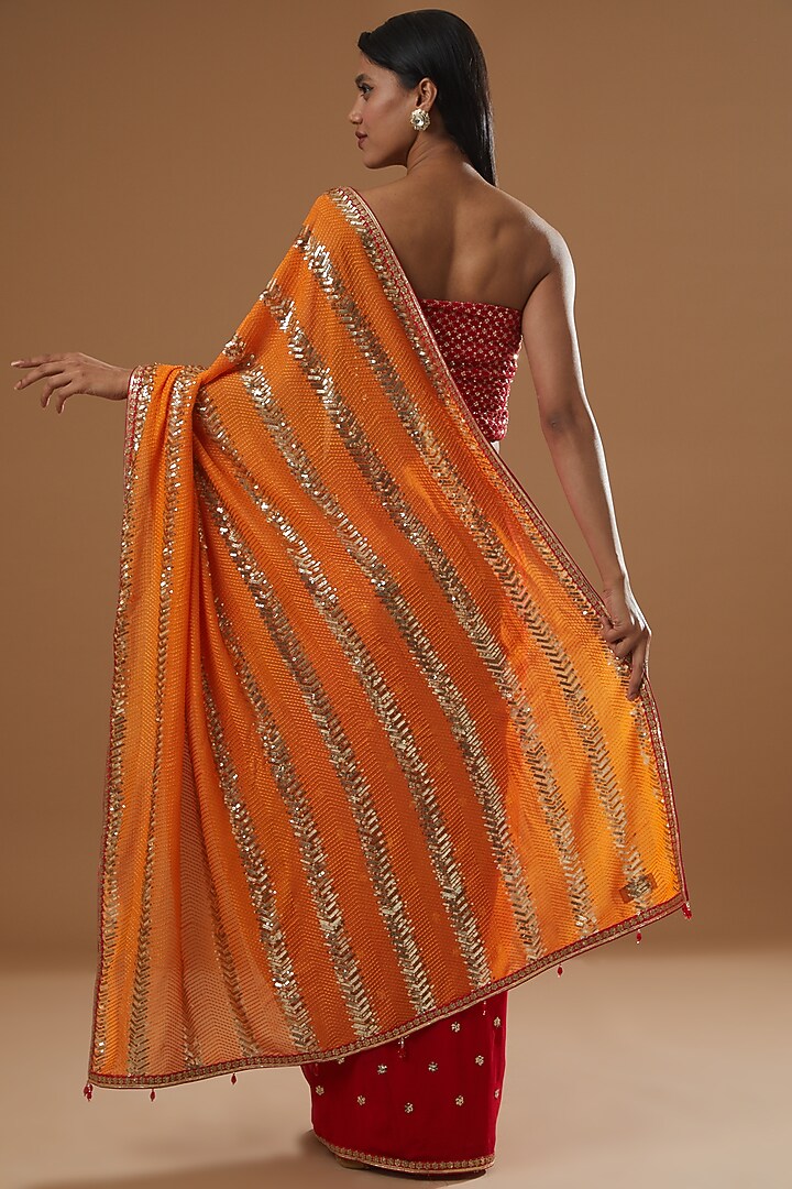 Orange Sequinned Pre-Pleated Wedding Saree Set by RANG by Manjula Soni at Pernia's Pop Up Shop