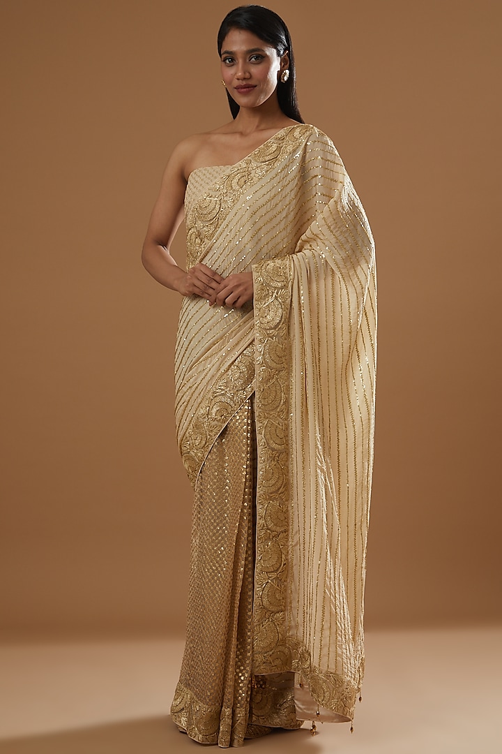 Gold Chinon & Tulle Sequins Embroidered Saree Set by RANG by Manjula Soni