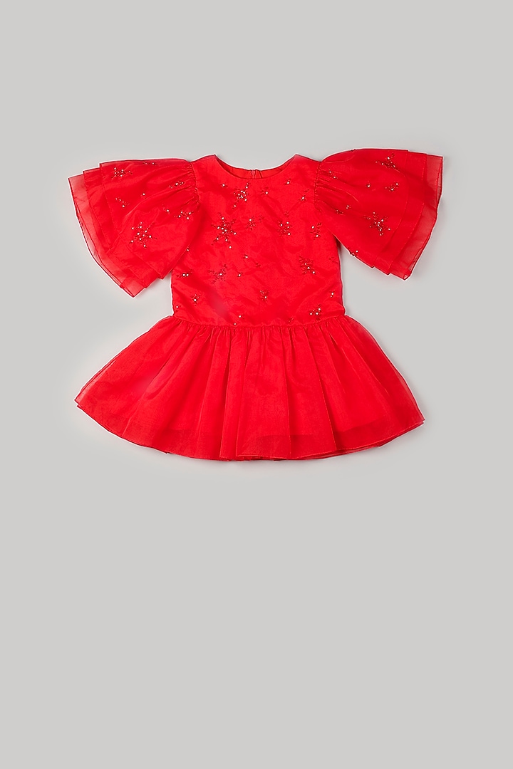 Red Organza Embellished Dress For Girls by Rani kidswear