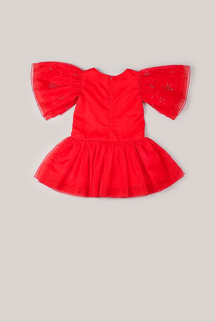 Red Organza Embellished Dress For Girls by Rani kidswear at Pernia's Pop Up Shop