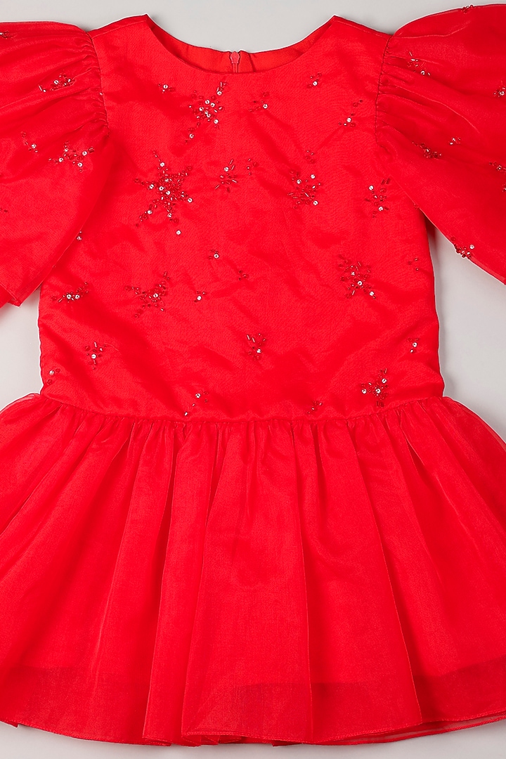 Red Organza Embellished Dress For Girls by Rani kidswear at Pernia's Pop Up Shop