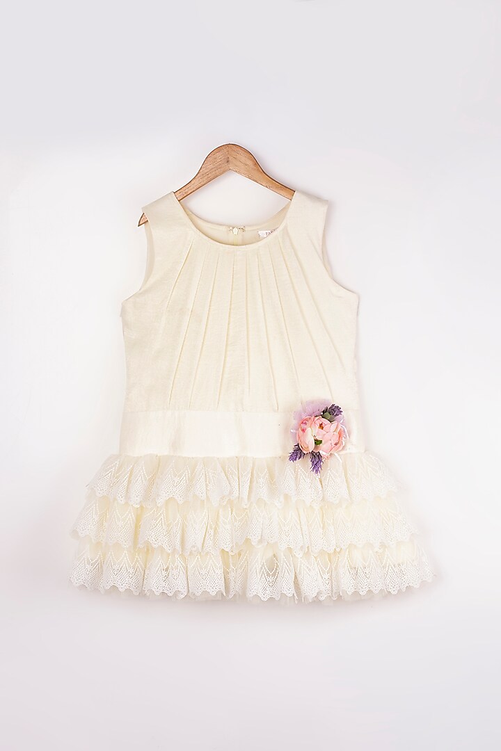 Off-White Velvet Satin Dress For Girls by Rani kidswear