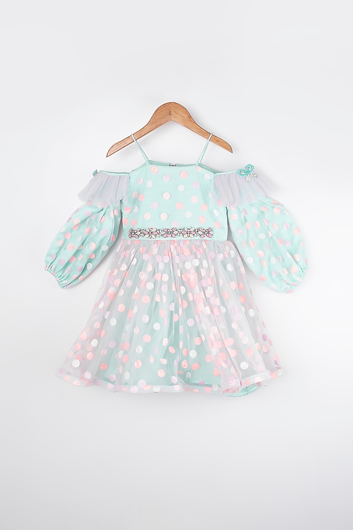 Sea Blue Printed Net Dress For Girls by Rani kidswear