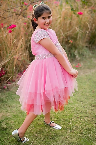 Pink & Red Tulle Shaded Embroidered Dress For Girls by Rani kidswear