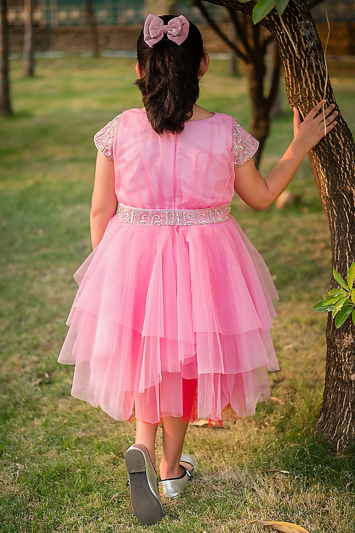 Pink & Red Tulle Shaded Embroidered Dress For Girls by Rani kidswear at Pernia's Pop Up Shop