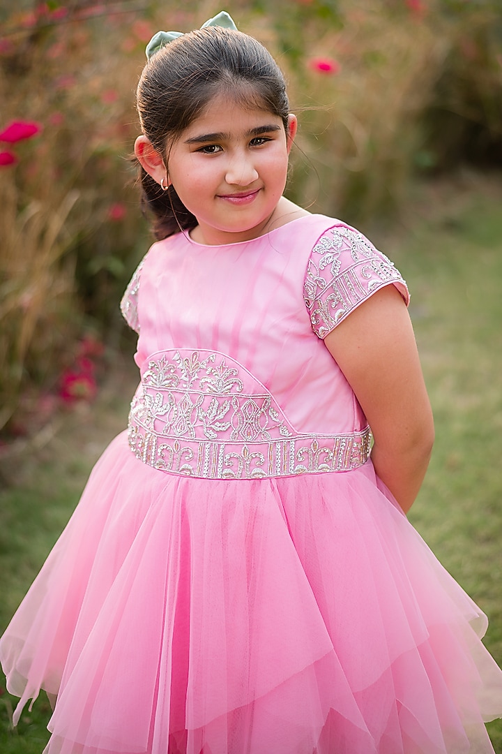 Pink & Red Tulle Shaded Embroidered Dress For Girls by Rani kidswear at Pernia's Pop Up Shop